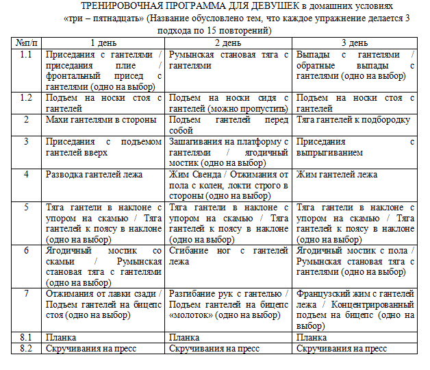 Пример домашней тренировки для девушек