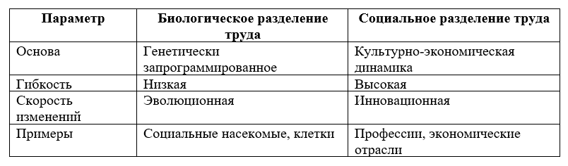 В таблице можно увидеть сравнение ключевых характеристик биологического и социального разделения труда