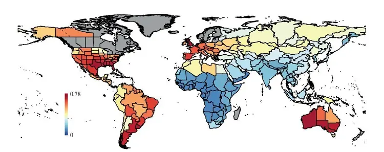 Пропорции вымирания крупных млекопитающих (10+ кг) за последних 132 000 лет