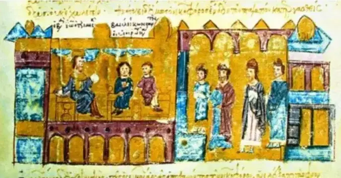 Иоанн Цимисхий с Василием II и Константином VIII. Миниатюра из «Мадридской рукописи» Иоанна Скилицы