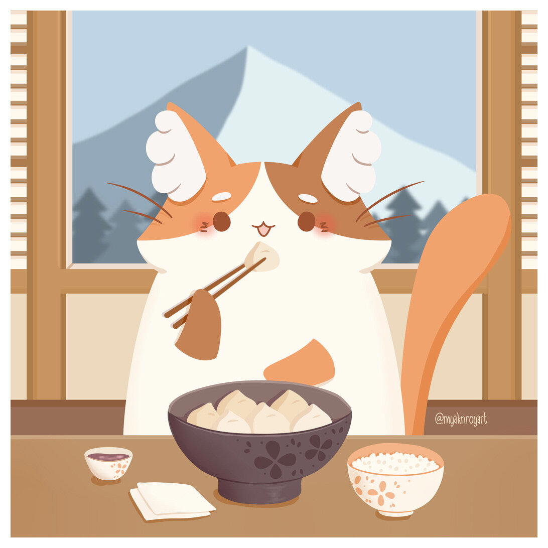 Котик трескает дамплинги
