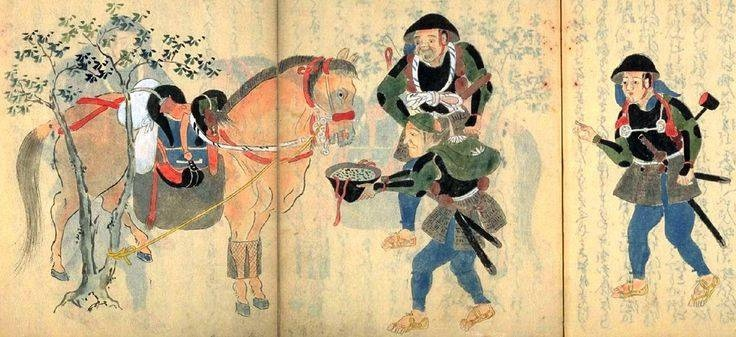 Например, вот эта иллюстрация показывает нам асигару, ухаживающих за конем своего господина