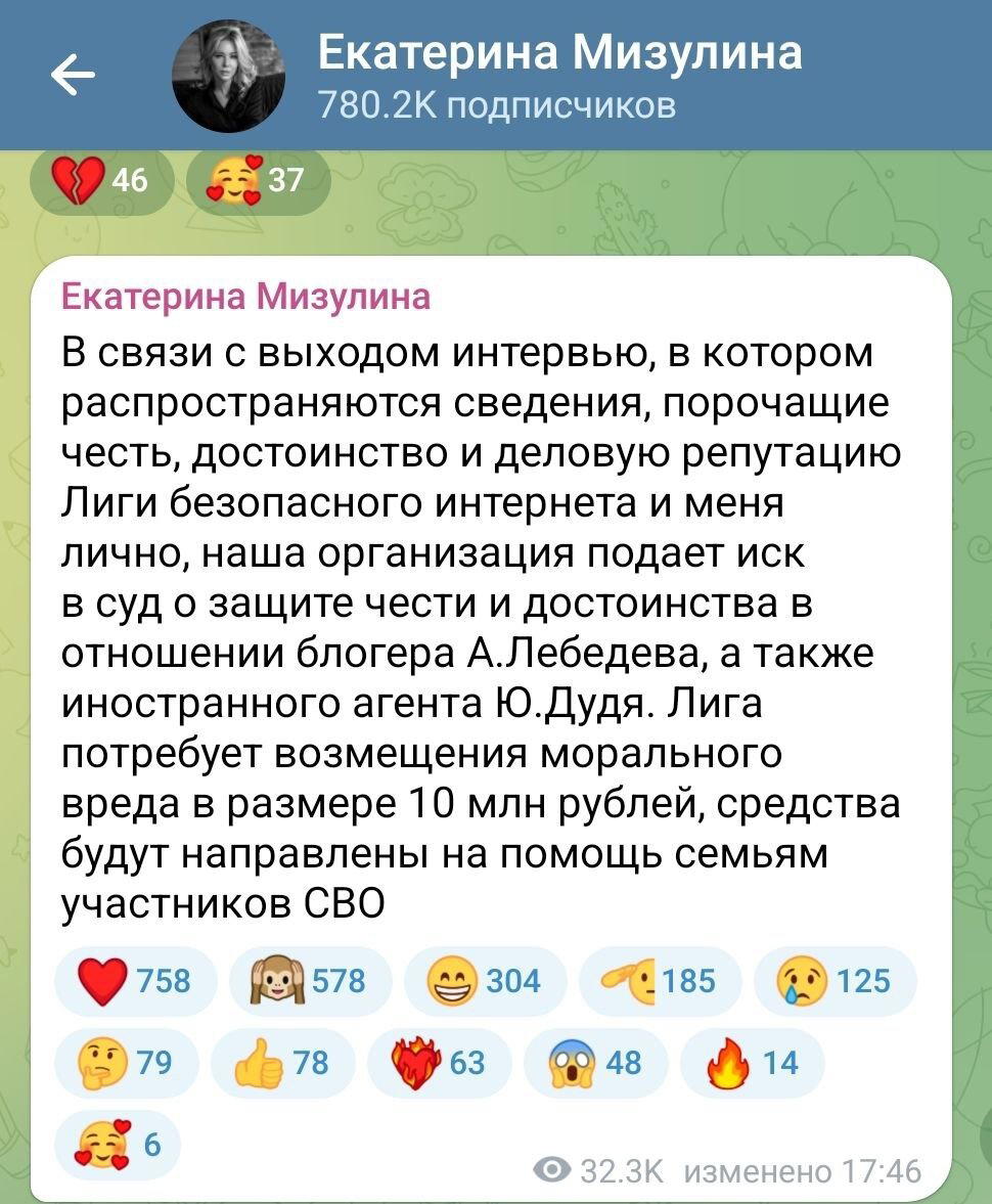Мизулина подаёт в суд на Лебедева, а заодно и на Дудя — и хочет 10 миллионов рублей за моральный ущерб