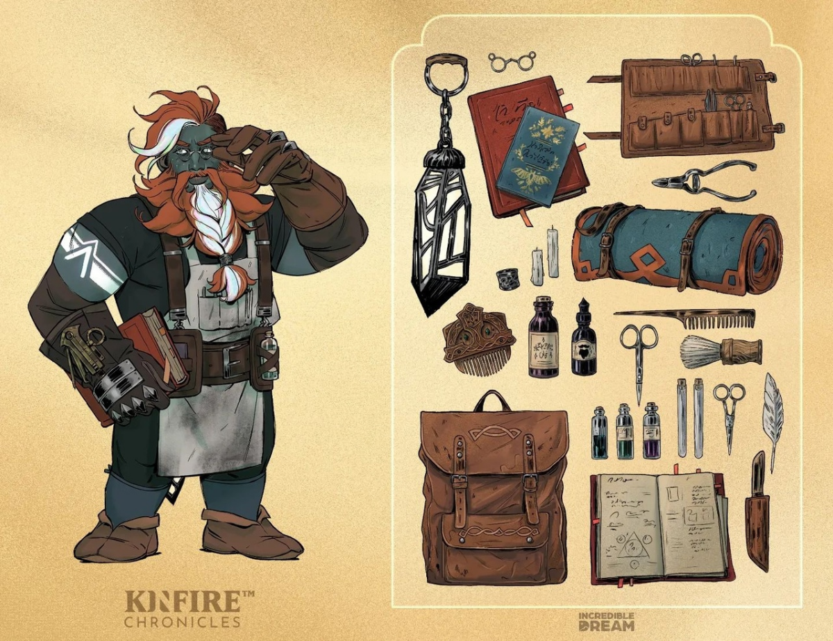 Экипировка персонажей настольной игры Kinfire Chronicles, руками художника Ron Koza