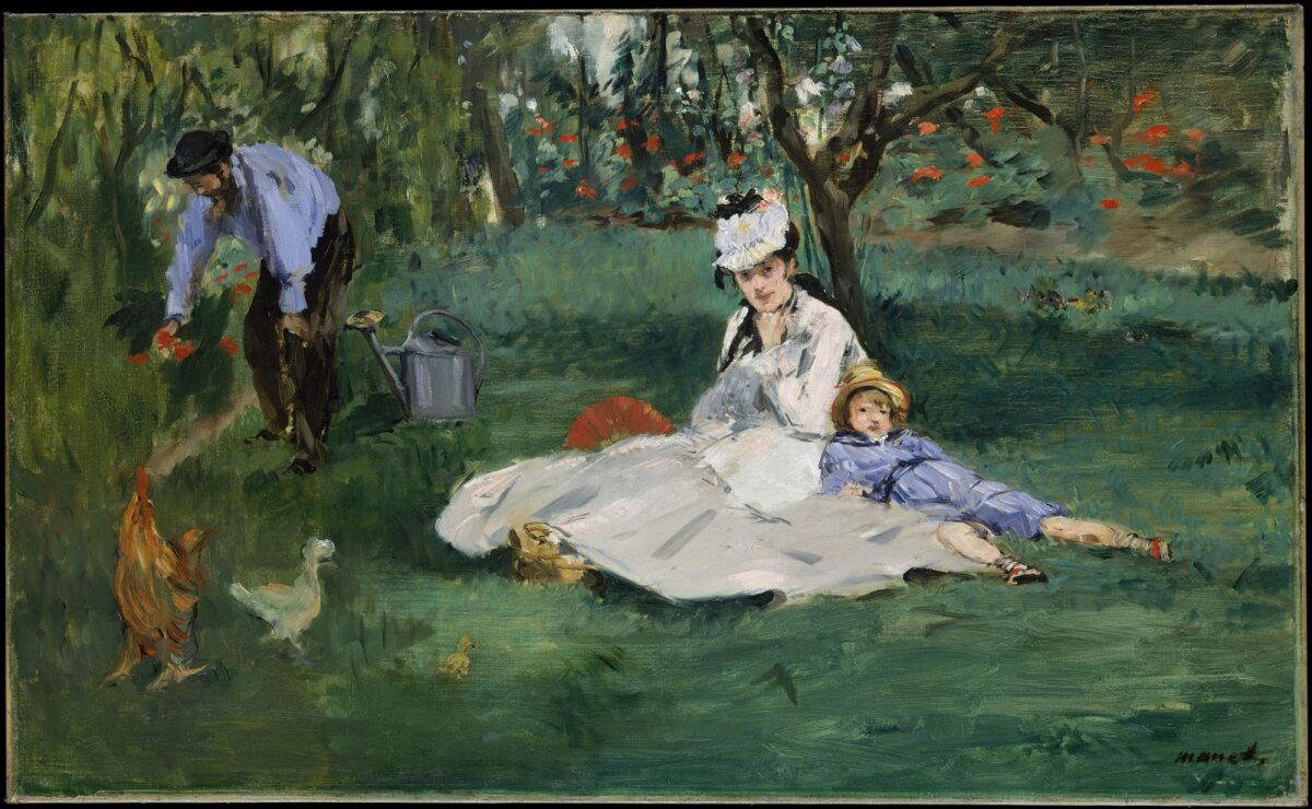 Эдуард Мане - Семья Моне в саду Аржантеи (La famille Monet dans leur jardin à Argenteuil). Год создания: 1874.<br>Нет опечатки здесь нет, Клод Моне, пригласил Эдуарда Мане на пленэр (от фр. en plein air — «на открытом воздухе») в том самом саду, а поскольку они были дружны, то Эдуард Мане запечатлел на этой картине супругу Клода Моне, Камиллу и их семилетнего сына Жана Моне.