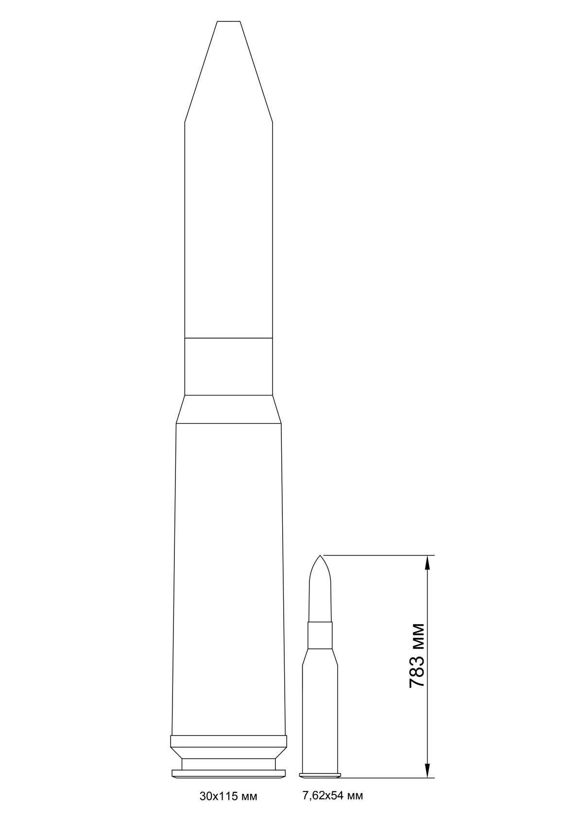 Вот наглядное сравнение патронов к ПКТ (справа) и патронов для пушки. Не смог найти фото в интернете, пришлось стоить чертежи самому, масштаб сохранён, но вот выводить все впуклости/выпуклости на снаряде уже не хватило терпения. И запятую забыл поставить,  поэтому просьба 783 м читать как 78,3 мм.
