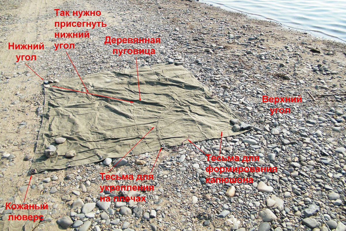 Разложенная плащ-палатка и её устройство.