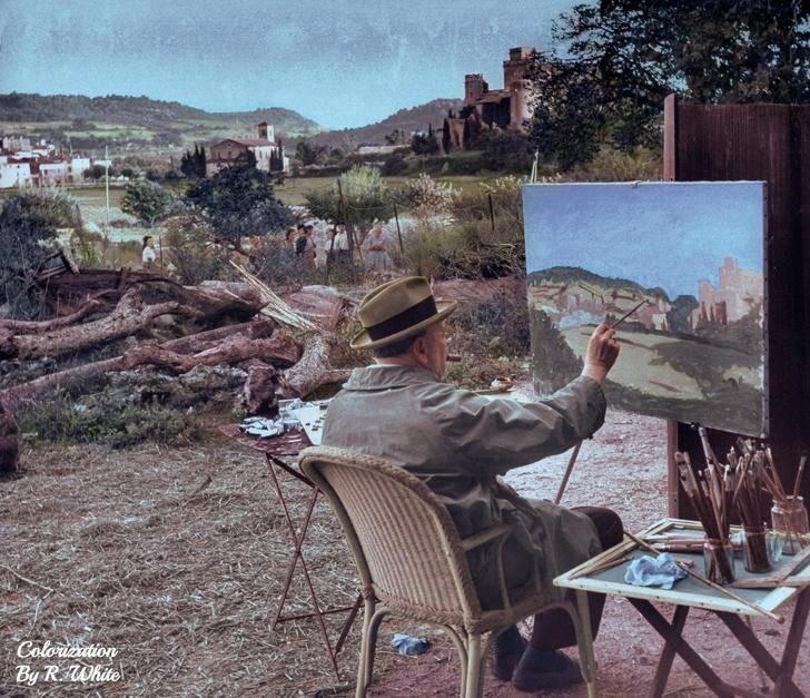 Уинстон Черчилль пишет пейзаж. Франция, 1948 год.