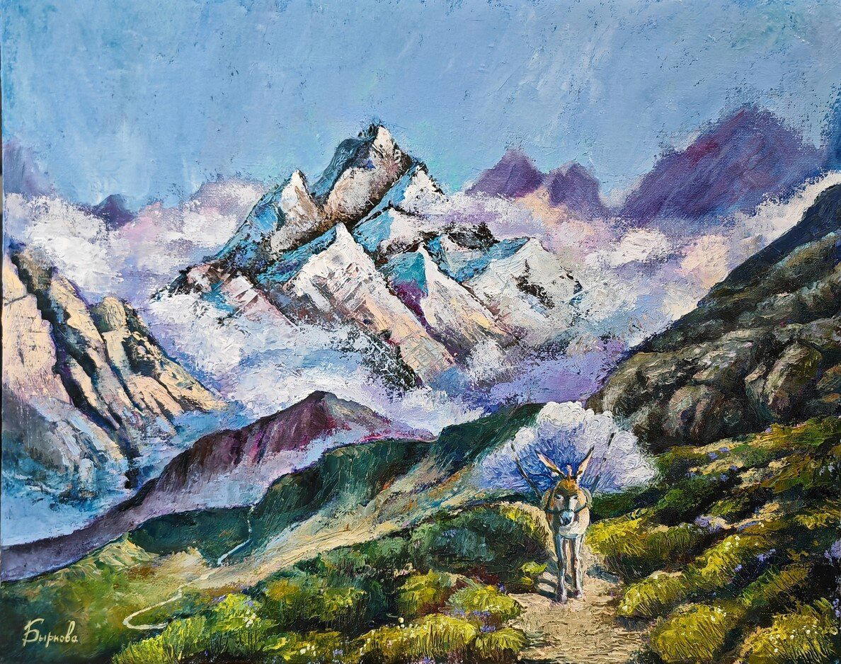 Горы, ослик, облака