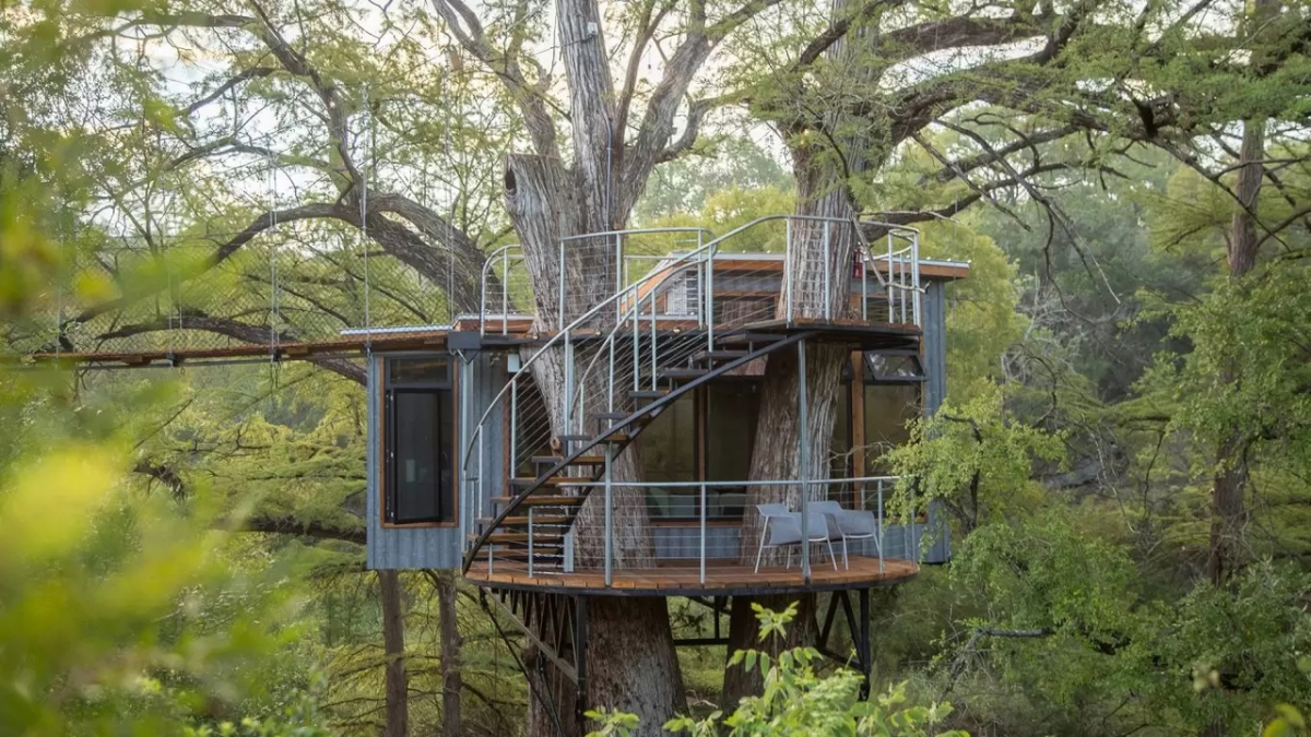 Над ручьем, на высоте семи метров, обвивая кипарис, вяз и ель, подвис Yoki Treehouse