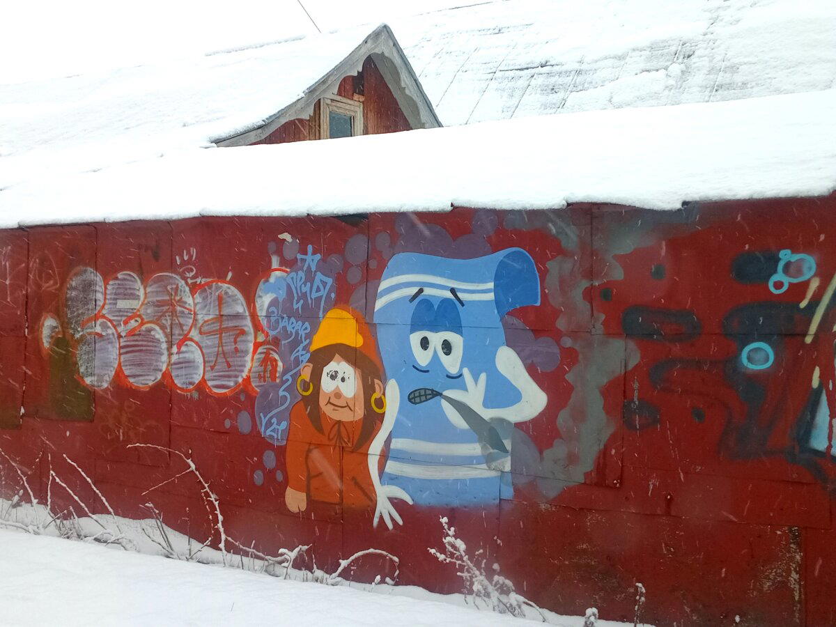 Графишка на заборе дома в частном секторе в городке Покров, 2024, декабрь...