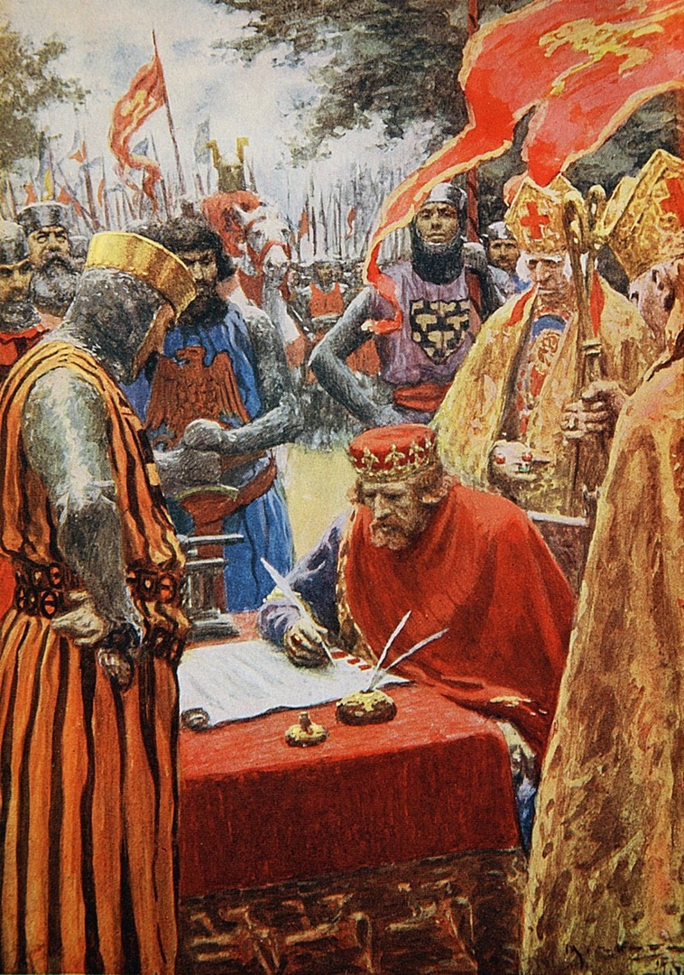 Великая хартия вольностей (Magna Carta) - на иллюстрации Артура Майкла принц Джон подписывает хартию