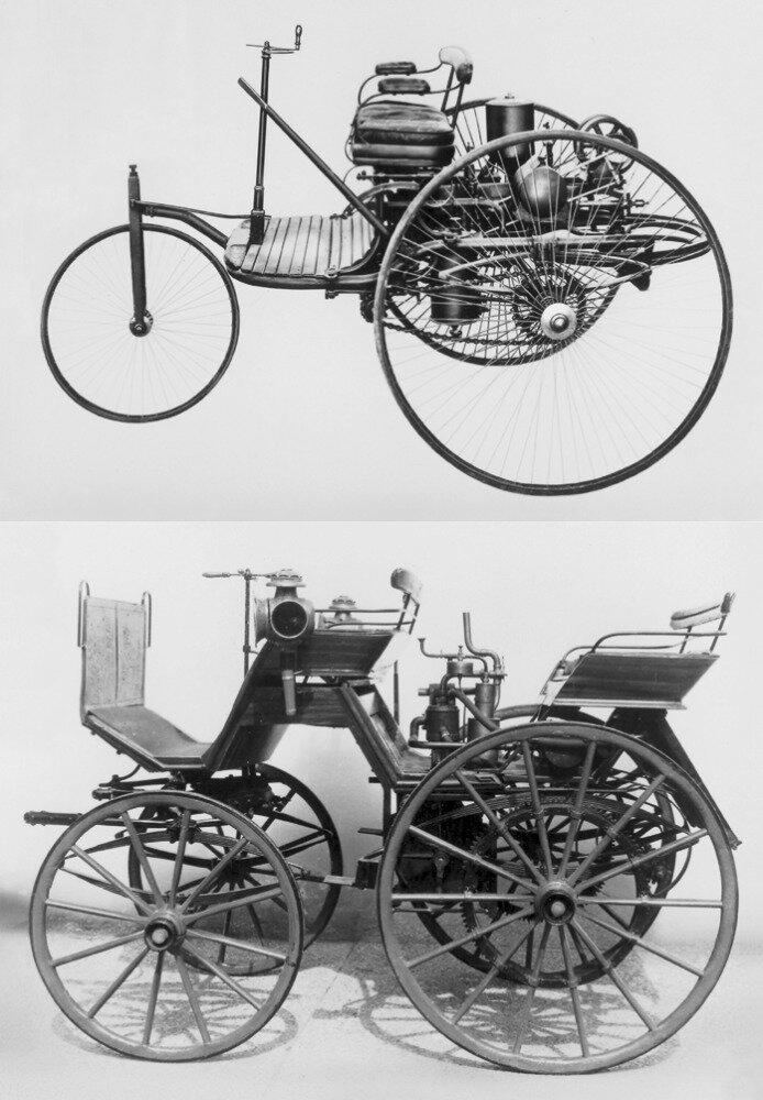 Автомобили Г. Даймлера (вверху) и К. Бенца (1885–86).