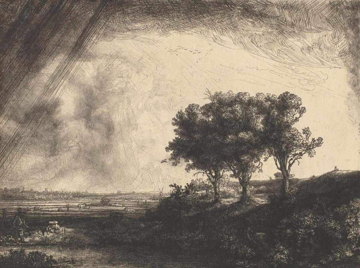 Три дерева. Офорт Рембрандта. 1643 год