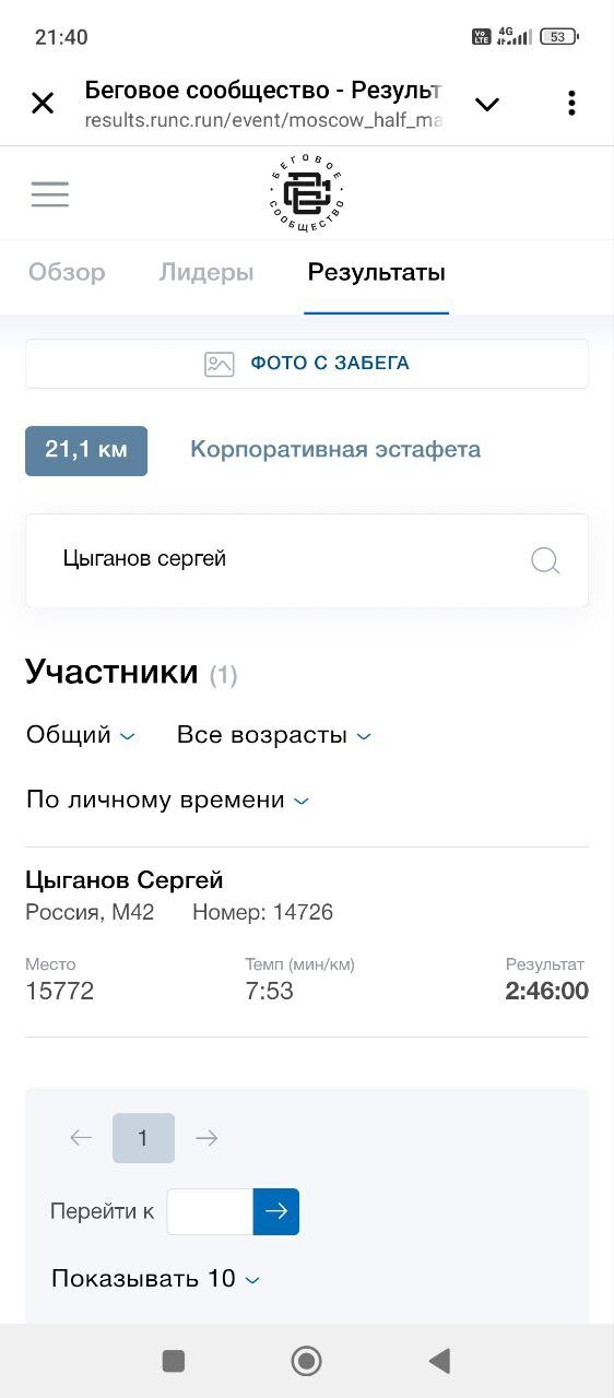 Скрин с сайта полумарафона. Моё время и место.