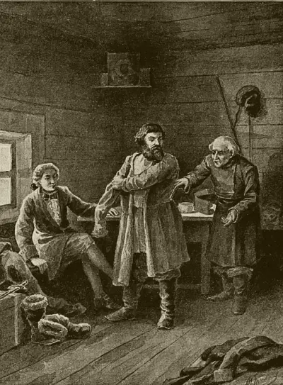 Савельич. Точно не с левого края. Описания внешности персонажа в повести нет.
