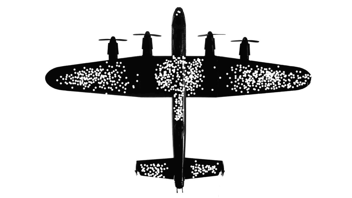 Силуэт британского тяжелого бомбардировщика Auro Lancaster из этого исследования. Отмечены все боевые повреждения, зафиксированные на самолетах этого типа за некий период времени. И такие схемы можно найти на кучу разных типов, однако реальность многих вызывает вопросы.