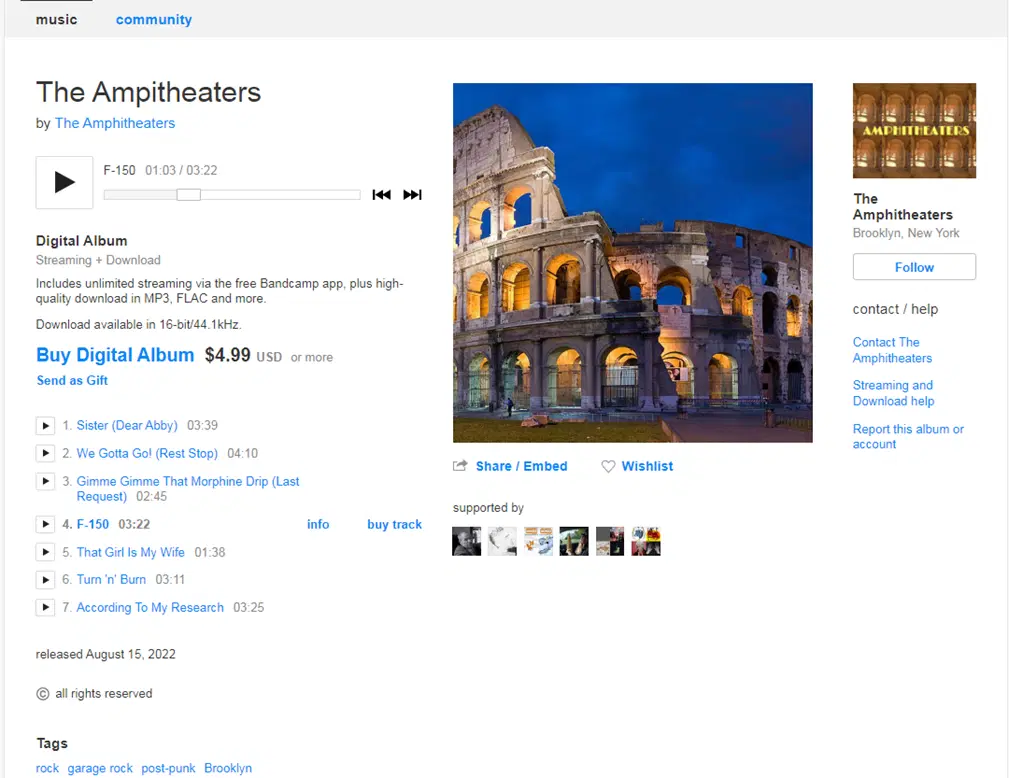 Вот, собственно, так выглядит их профиль на бэндкэмпе.