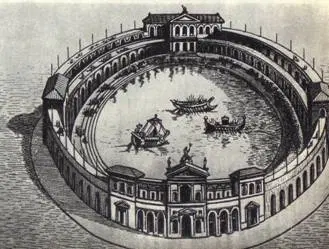 Изображения навмахий можно найти на древнеримских барельефах. Изображается именно заполненный водой амфитеатр.
