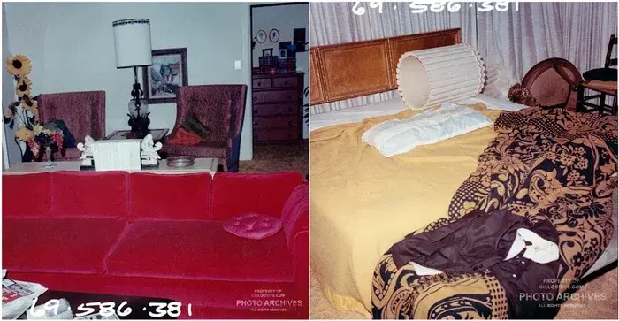 Диван, где был убит Лено, и кровать, где погибла Розмари. Фото сделано на утро после убийства