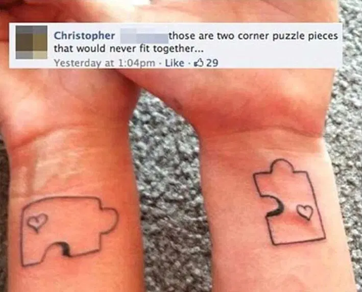 Тату для влюблённых навечно. Два кусочка паззла, которые невозможно совместить.