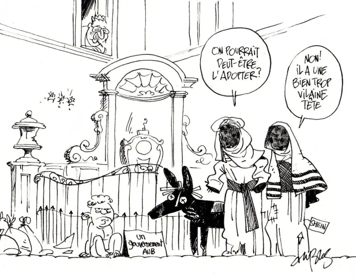 Перевод: Может мы его усыновим? Нет, у него слишком уродливая голова. У ребёнка на плакате: можно пожалуйста у нас будет правительство? Ремарка: это место с известной достопримечательностью Писающий мальчик (которого нет в нише). У "женщины" справа ценник с маркой Shein - известный онлайн китайский магазин. По поводу таблички: уже больше 500 дней нет официального федерального правительства, работает временное с ограниченными полномочиями