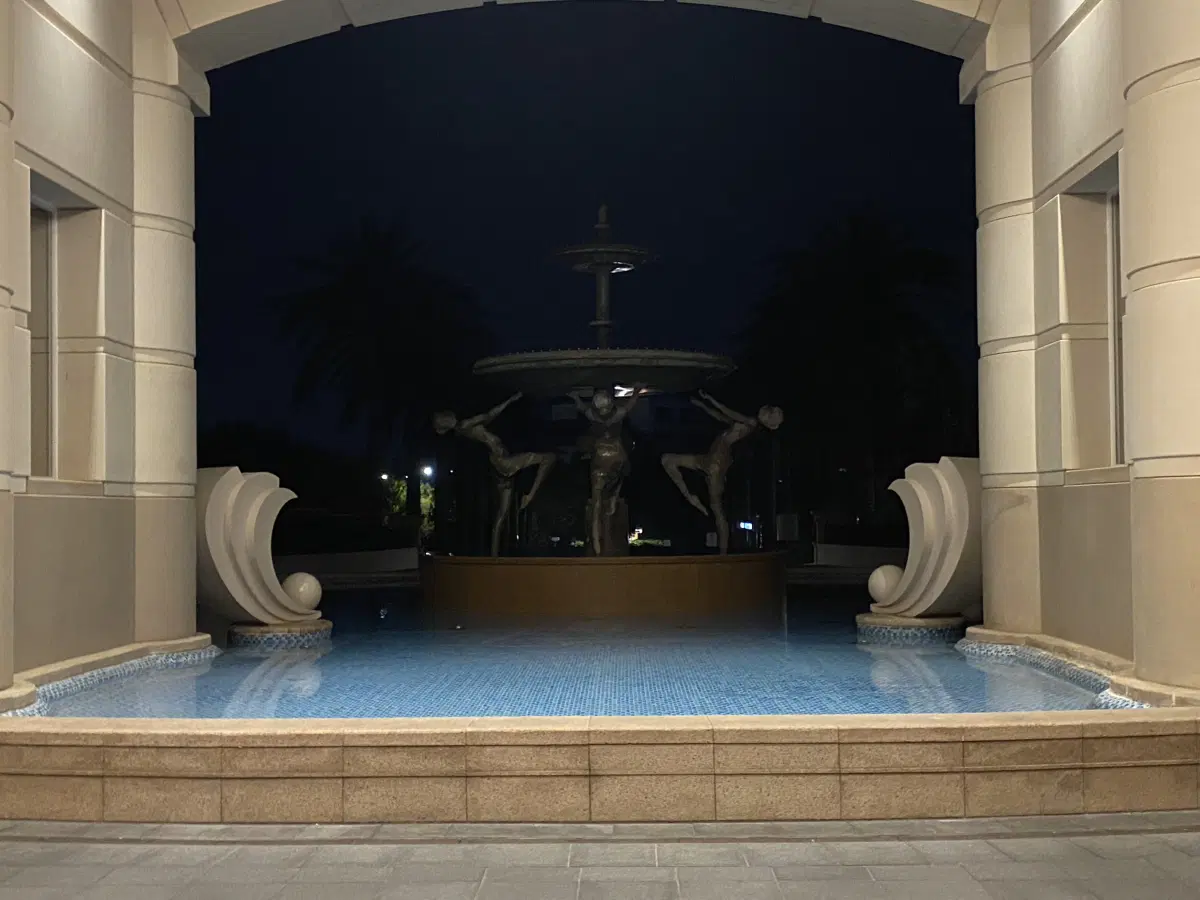 При входе в отель.