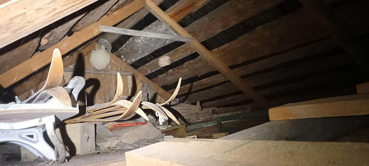 Типичный чердак советской дачи - осиные гнёзда, лыжи и прочий скарб.