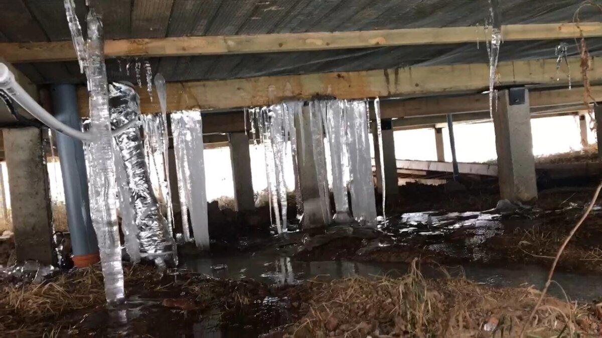 Протечка воды в перекрытие на высоких забивных сваях.
