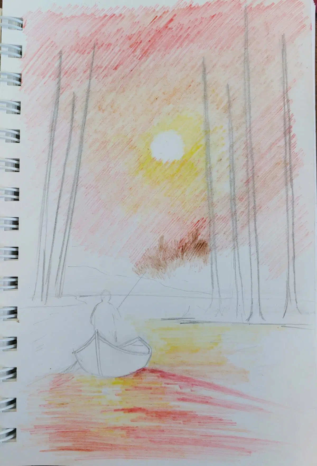 2. Оттенки неба и отражения на воде. Сухие фломастеры - жёлтый, оранжевый и красный.