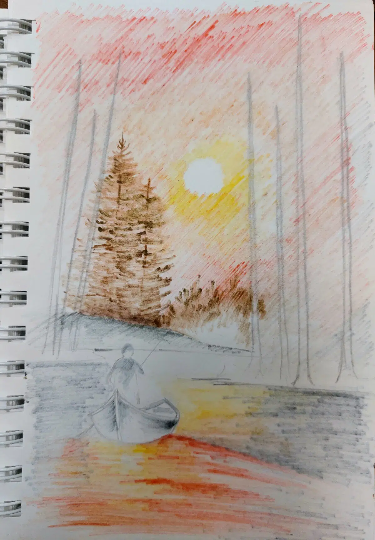 3. Дальний план - холм (сухой серый фломастер) и кусты с деревьями (два оттенка коричневого, сухие фломастеры). Проработка воды и деталей лодки (чёрный сухие фломастеры).