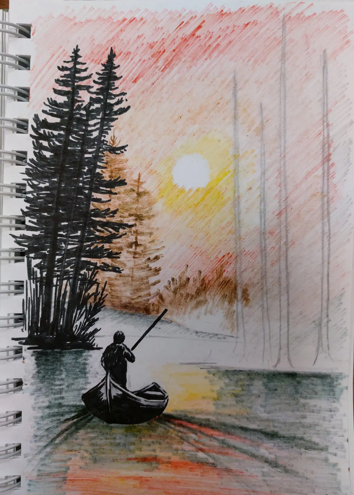 4. Отражение на воде (чёрный сухой фломастер), лодка, человек и ближняя группа деревьев (чёрный флрмастер, нормальный).