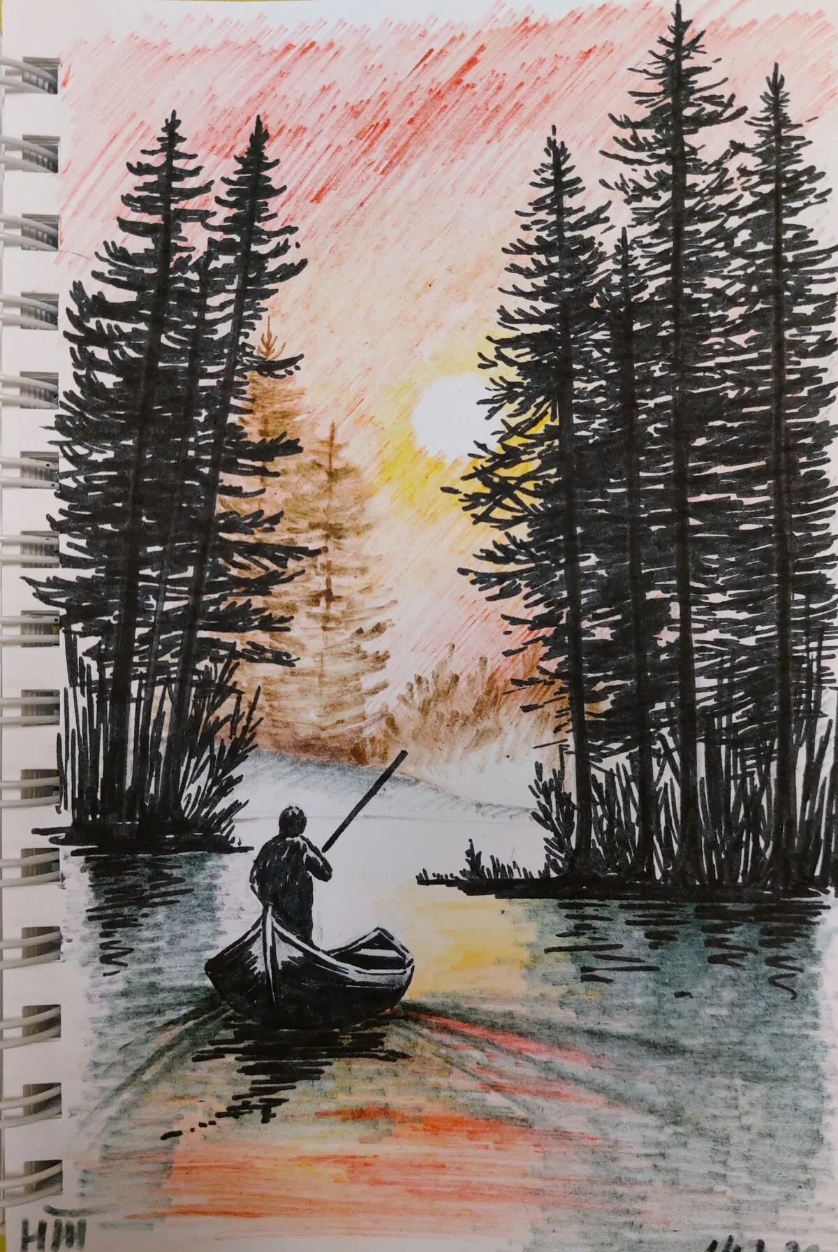 5. Дорисовка группы деревьев нормальным чёрным фломастером, а также работа над мелкими деталями - отражение, лодка.