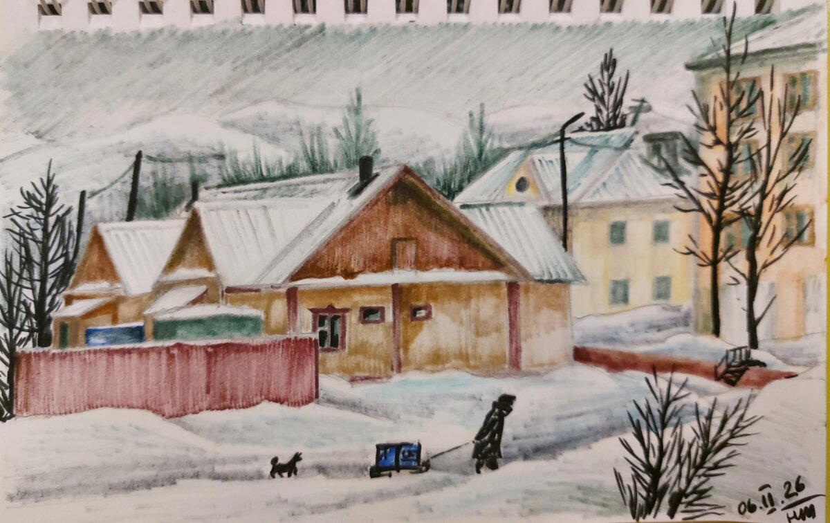 Вид на улицу Тенькинскую/Гагарина. Скетчбук, фломастеры, штриховка, скрип, боль в ушах)