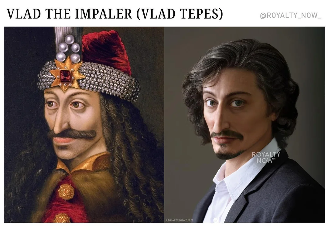 Портрет Влада III Дракулы, XVI век. И как бы он выглядел вживую, без бижутерии. Вот такой вот вьюнош бледный, со взором горящим. Ну, куда уж нам без нейронки?
