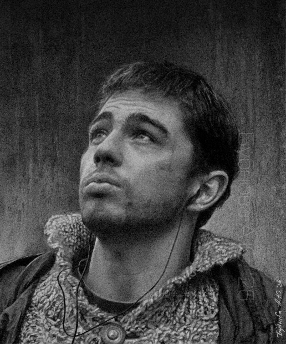 Бумага 35 х 28, карандаш, графитовый порошок. Сергей Бодров в роли Данилы Багрова (к/ф «Брат»).