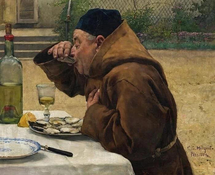 Карл Густав Хелльквист "Монах, поедающий устрицы", 1884 год.