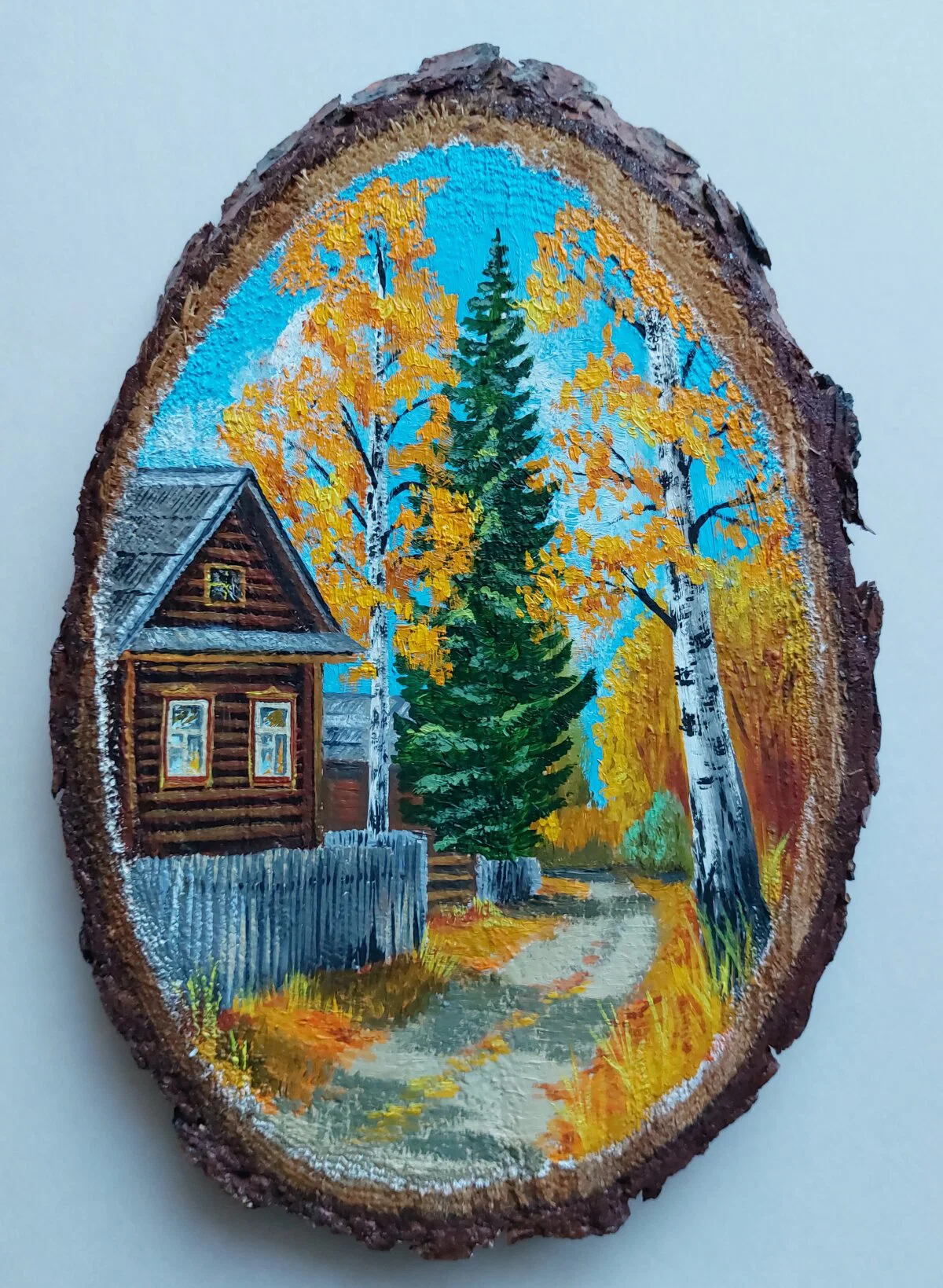 Деревенский пейзаж на спиле лиственницы. Масло