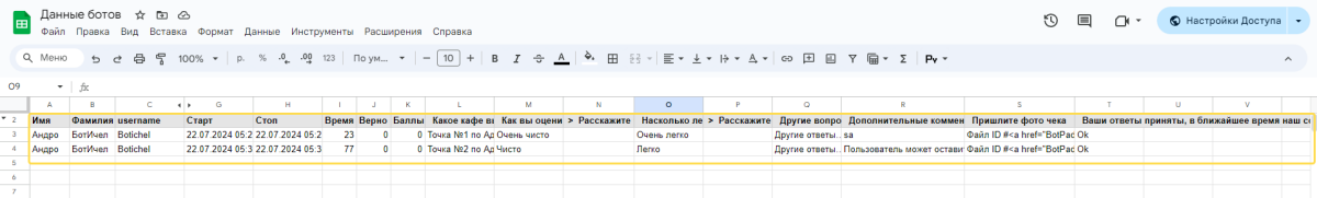 Результаты в Гугл Таблицах