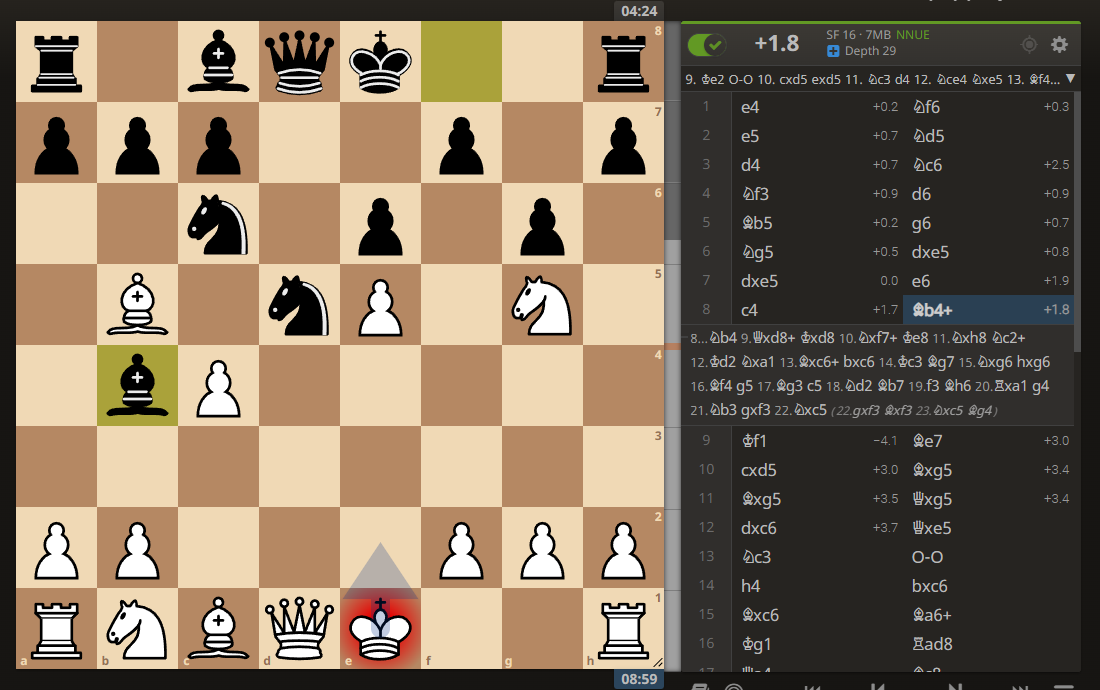 sumat777 (2474?) - kirillmironenko (2207). Позиция после 8. ... Сb4+